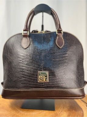 Dooney & Bourke Espresso Brown Lizard Embossed Leather Zip-Zip Satchel NWT